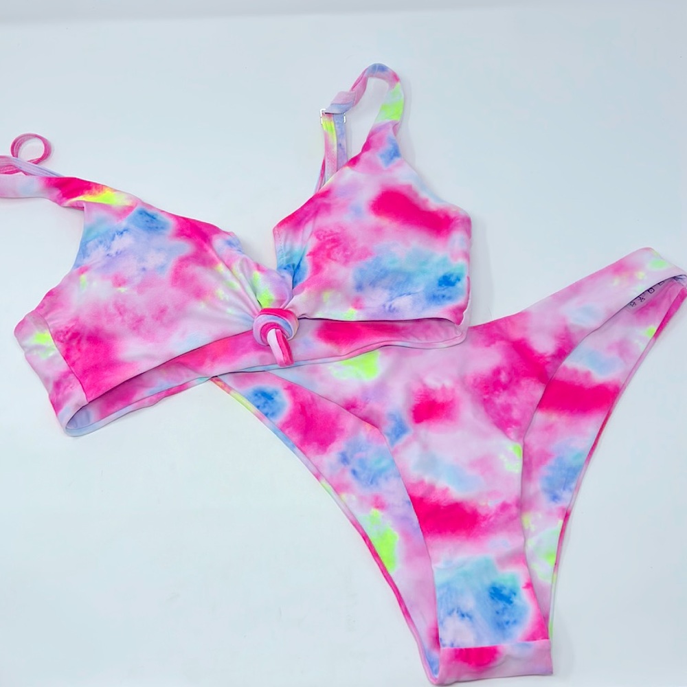 Zaful Pink Tye Dye Neon Two Piece Bikini Swim Suit Size Large